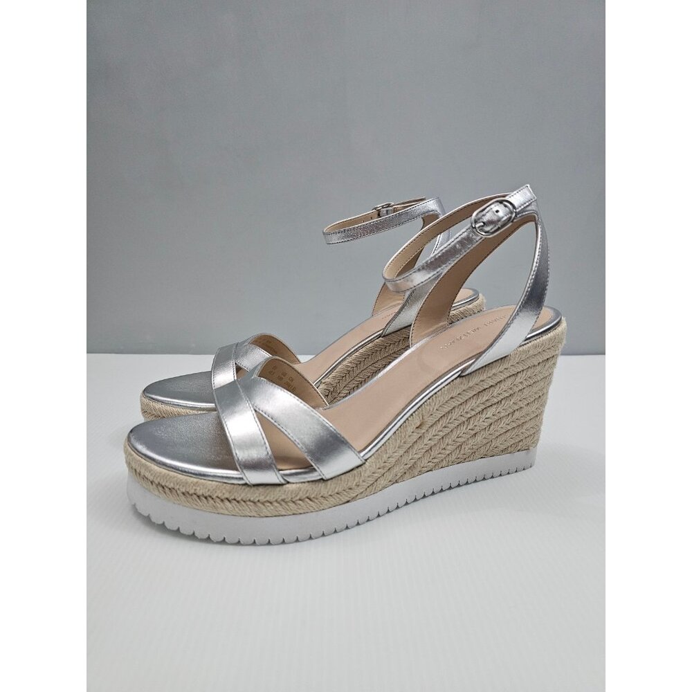 Stuart Weitzman Catalina Espadrille Wedge Sandal Size 10 Silver Leather Platform